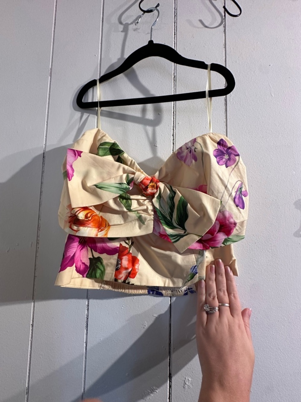 EXPRESS butter yellow Hawaiian strapless  Twist Front Crop Top